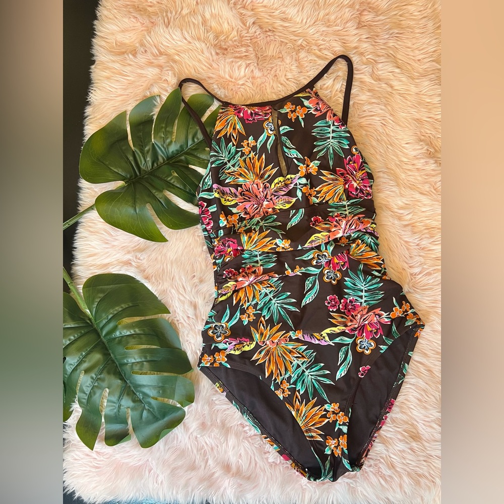 Into The Blue Colorful Hawaiian Tropical Floral One Piece Swimsuit Size 8